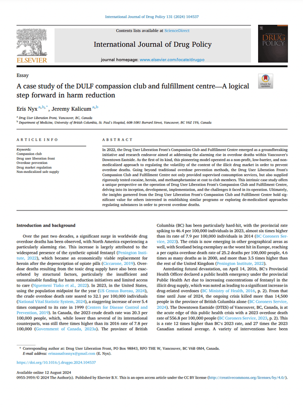 A case study of the DULF compassion club and fulfillment centre— a logical step forward in harm reduction