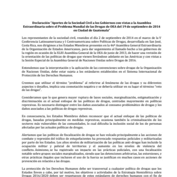 Aportes de la sociedad civil a los gobiernos con vistas a la Asamblea Extraordinaria sobre el problema mundial de las drogas de OEA del 19 de septiembre de 2014