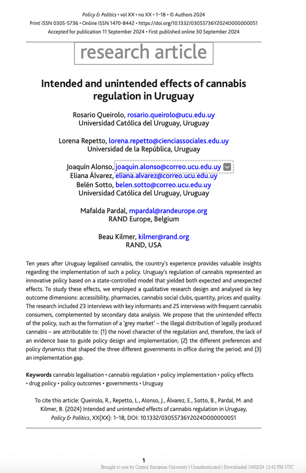 Intended and unintended effects of cannabis regulation in Uruguay