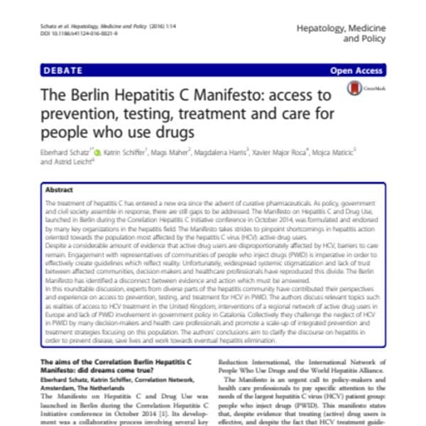 Manifiesto de Berlín sobre la hepatitis C: acceso a la prevención, el diagnóstico, el tratamiento y la atención para las personas que usan drogas