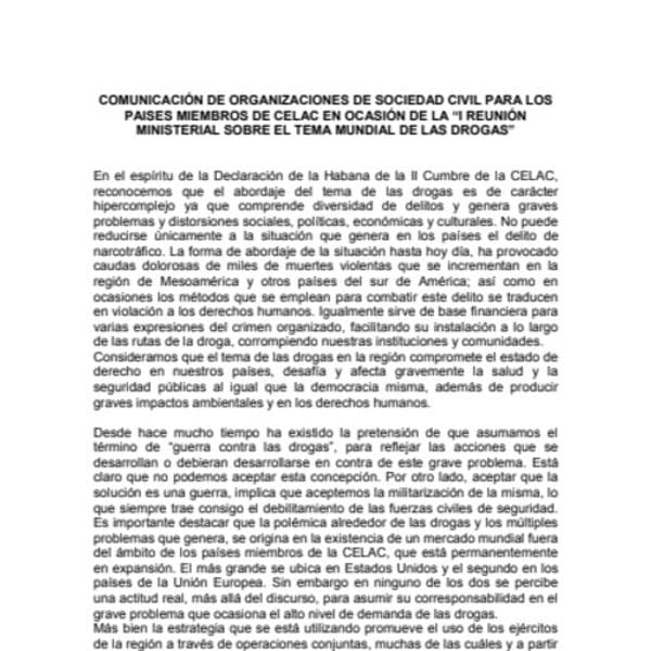 Organizaciones de sociedad civil llaman a la CELAC a abrir un debate amplio sobre drogas