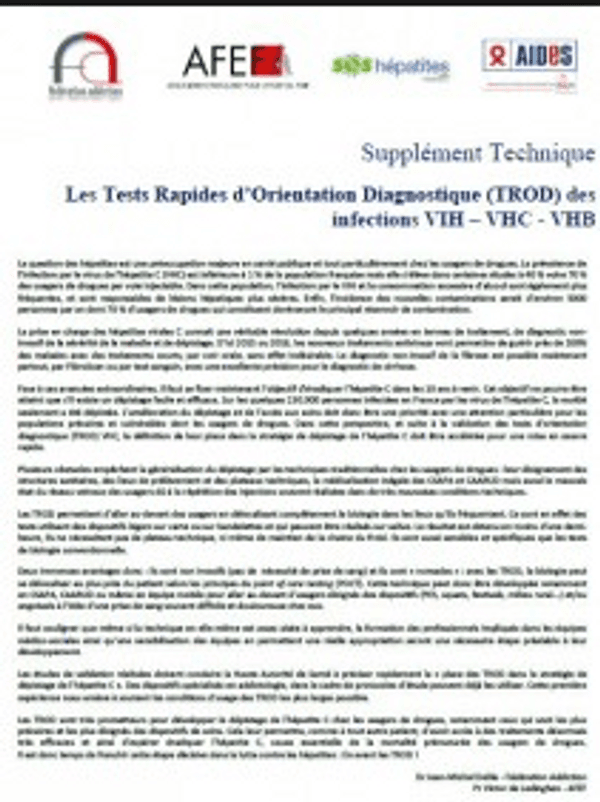 Supplément technique sur les tests rapides d’orientation diagnostique pour les hépatites et le sida