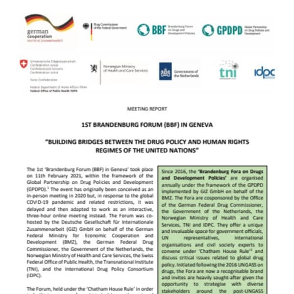 1er Forum de Brandebourg à Genève :  « Construire des ponts entre les politiques en matière de drogues et les régimes des droits humains des Nations Unies »