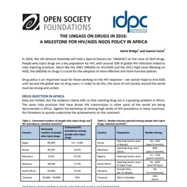 L’UNGASS sur la drogue de 2016: une étape clé pour les politiques des ONG sur le VIH/SIDA en Afrique