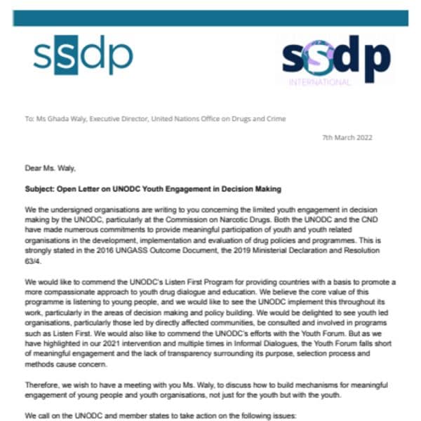 Students for Sensible Drug Policy: Open letter on youth engagement to Ms. Ghada Waly, Executive Director of the United Nations Office on Drug and Crime