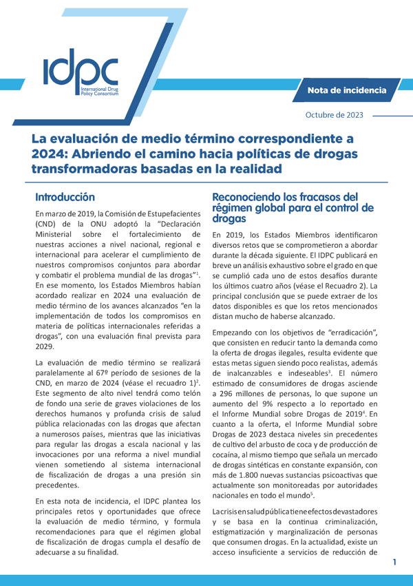 La evaluación de medio término correspondiente a 2024: Abriendo el camino hacia políticas de drogas transformadoras basadas en la realidad