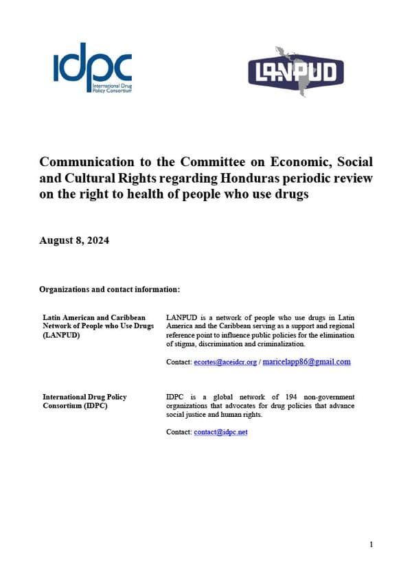 Communication to the UN CESCR regarding Honduras periodic review on the right to health of people who use drugs