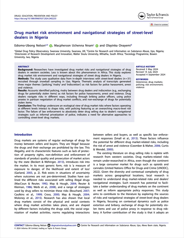 Drug market risk environment and navigational strategies of street-level dealers in Nigeria