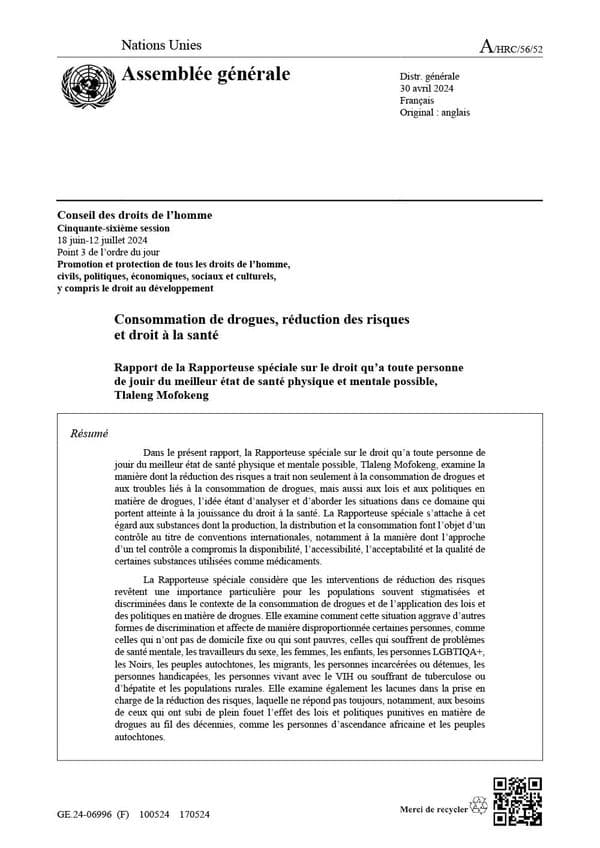 Consommation de drogues, réduction des risques et droit à la santé - Rapport de la Rapporteuse spéciale de l'ONU sur le droit à la santé