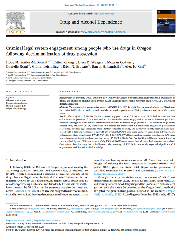 Criminal legal system engagement among people who use drugs in Oregon following decriminalization of drug possession