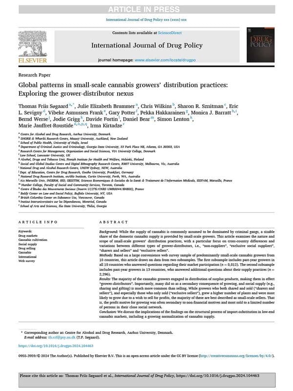 Global patterns in small-scale cannabis growers’ distribution practices: Exploring the grower-distributor nexus