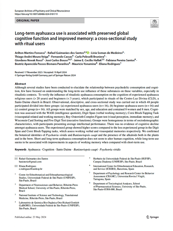 Long‑term ayahuasca use is associated with preserved global cognitive function and improved memory: a cross‑sectional study with ritual users