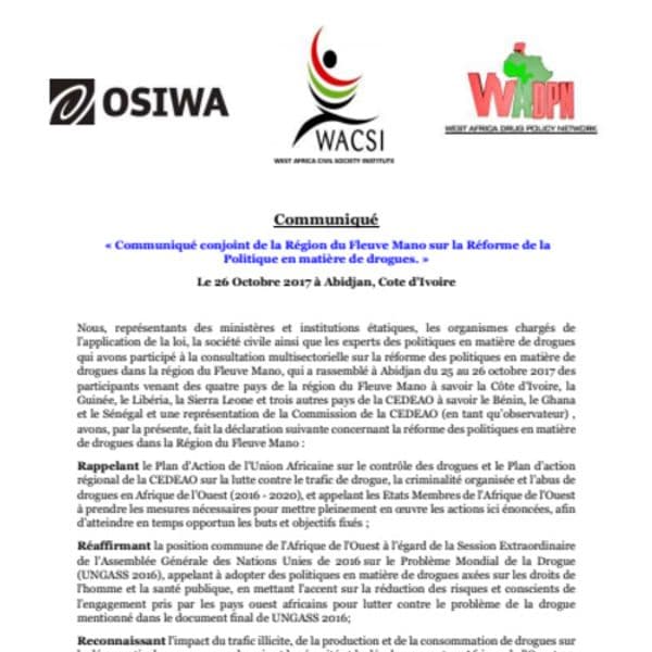 Communiqué conjoint de la région du fleuve Mano (Côte d'Ivoire) sur la réforme de la politique en matière de drogues.