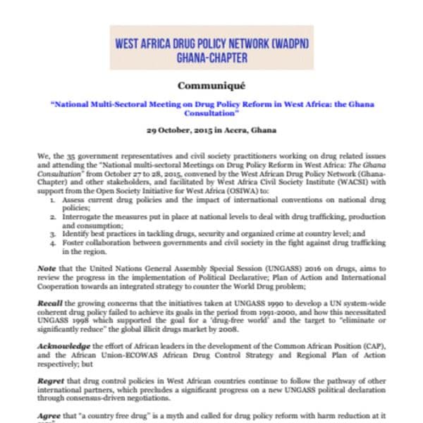 Déclaration de la réunion multisectorielle nationale sur la réforme des politiques des drogues en Afrique de l’Ouest : la consultation au Ghana