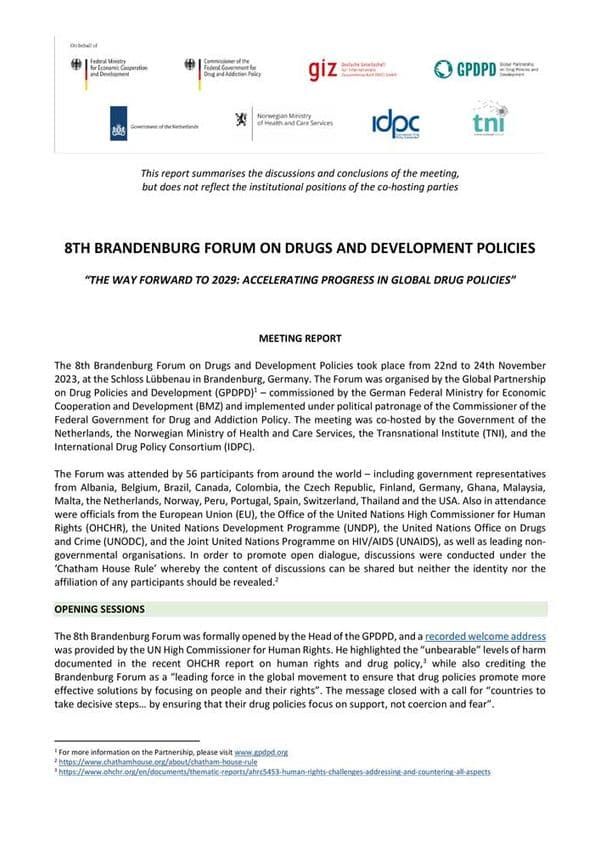 8th Brandenburg Forum on Drugs and Development Policies report - 'The way forward to 2029: Accelerating progress in global drug policies'